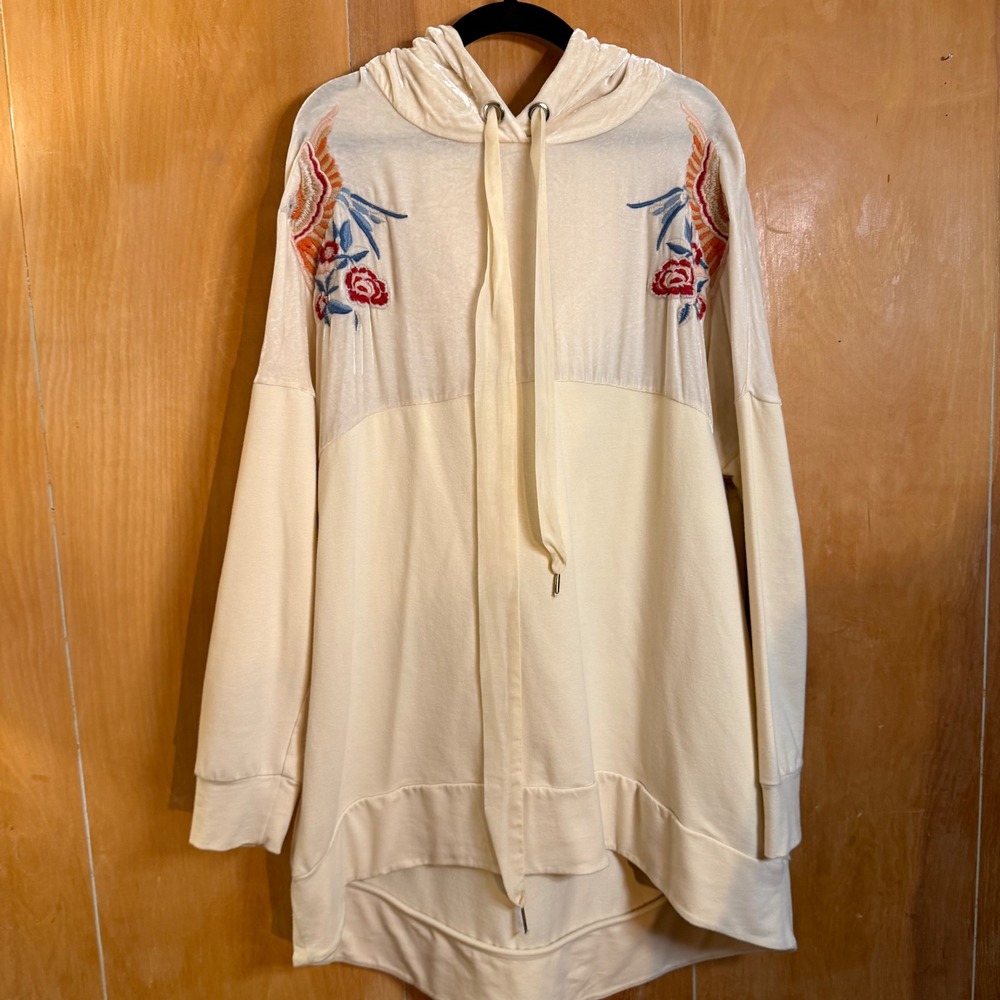 Love Johnny Was Cream Embroidered‎ Birds Velvet Hoodie Sweatshirt Small - Picture 2 of 11